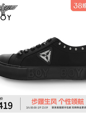 BOYLONDON春秋男女同款鞋子三鹰标logo黑色圆头时尚休闲鞋N79014