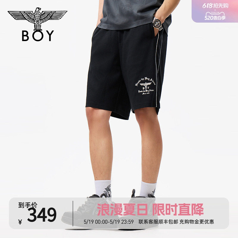BOYLONDON夏季男女同款刺绣重磅休闲潮牌运动风抽绳中裤N1