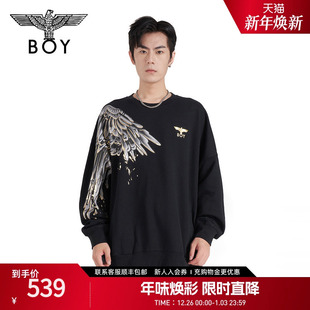 纯棉卫衣N03908 BOYLONDON春秋印花圆领套头情侣长袖 半神羽翼