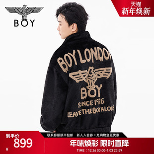 BOYLONDON冬男女同款 绣花黑色保暖仿羊羔绒外套N23025