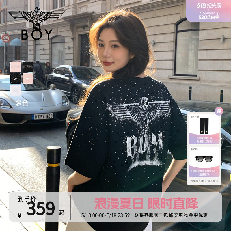 【满天星】BOYLONDON夏季男女同款短袖渐变烫钻印花时尚T恤