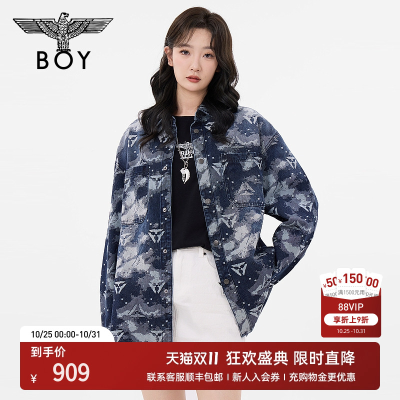 BOYLONDON秋情侣款三鹰标提花牛仔潮牌宽松衬衫外套N21018