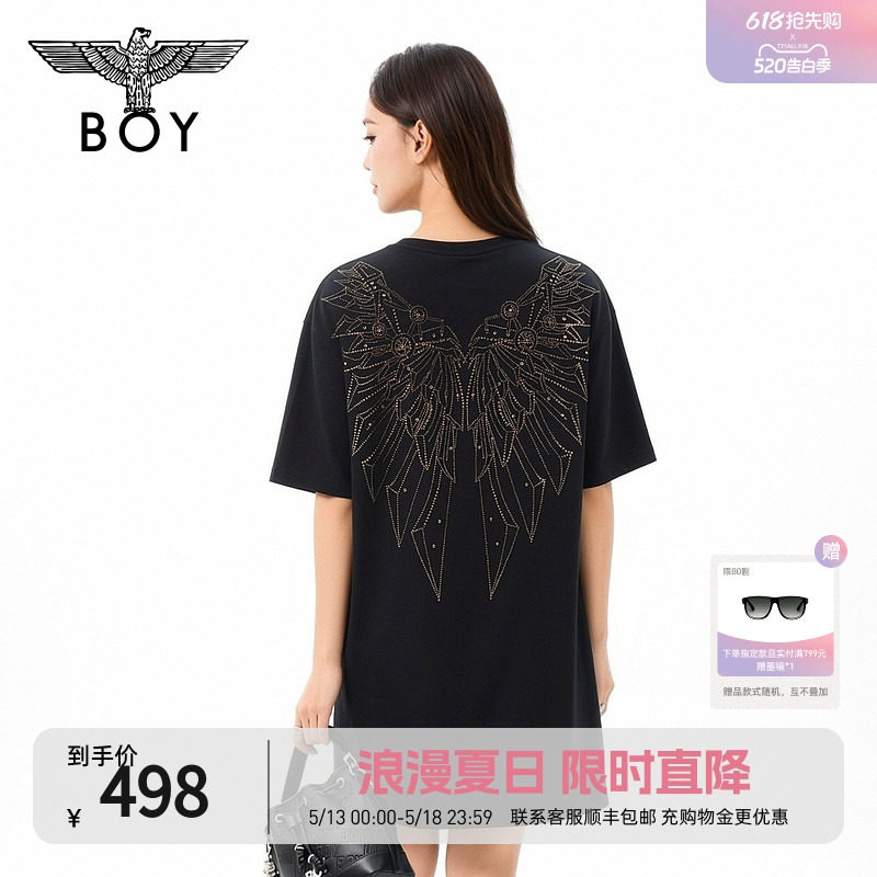 BOYLONDON夏季女款黑色T恤裙烫钻翅膀潮牌直筒连衣裙W17