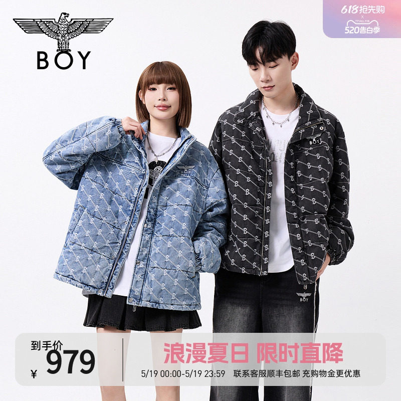 BOYLONDON冬季短款情侣棉服潮牌外套提花保暖水洗牛仔棉衣N