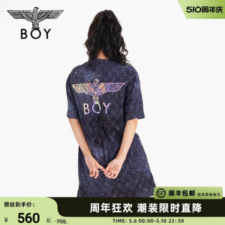 BOYLONDON潮牌连衣裙大码女装老鹰宽松紫色短袖星空渐变裙W17001