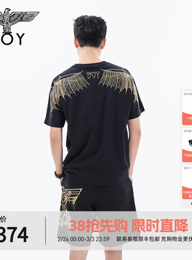 BOYLONDON夏季潮牌短袖男女同款烫金翅膀黑色宽松休闲T恤N01908