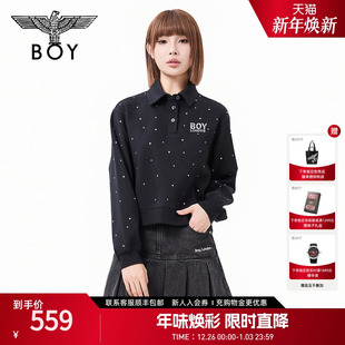 烫钻POLO领百搭长袖 BOYLONDON春新款 卫衣无帽W03903 琥珀流光