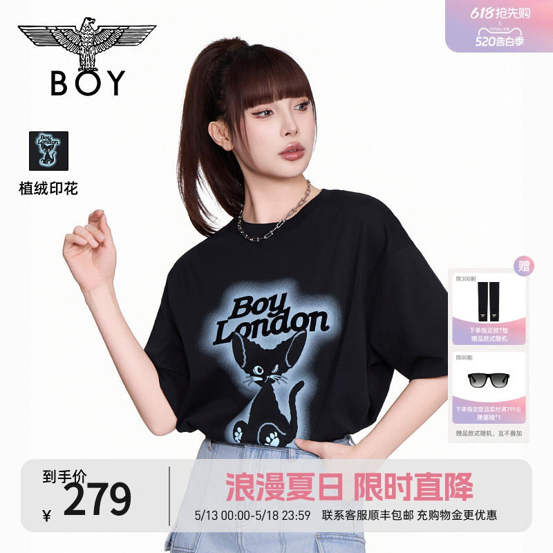 BOYLONDON小猫印花黑色时尚休闲潮牌短袖夏季男女同款T恤N