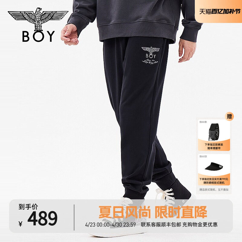 BOYLONDON男女同款长裤经典老鹰潮牌休闲黑色束脚裤N158