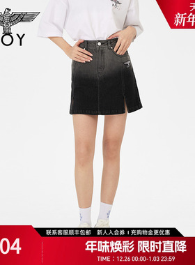 BOYLONDON潮牌牛仔半身裙女夏季黑色显瘦开叉A字短裙W59001
