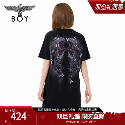 BOYLONDON25夏蝴蝶大翅膀黑色圆领时尚休闲潮牌T恤式连衣裙W17019
