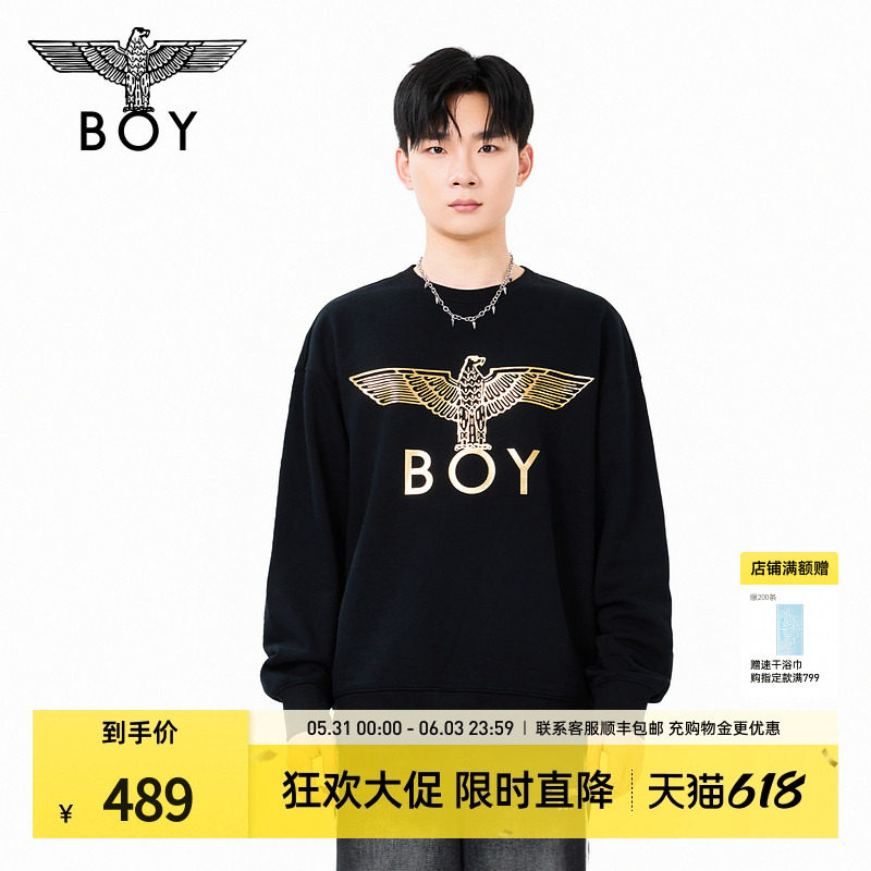 BOYLONDON时尚潮牌复古烫金印花长袖上衣春季男女同款卫衣N03058