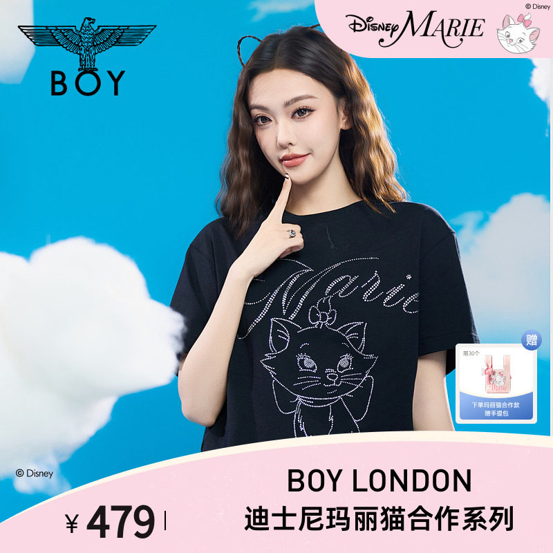 【迪士尼玛丽猫合作】BOYLONDON26夏季黑色烫钻男女短袖T