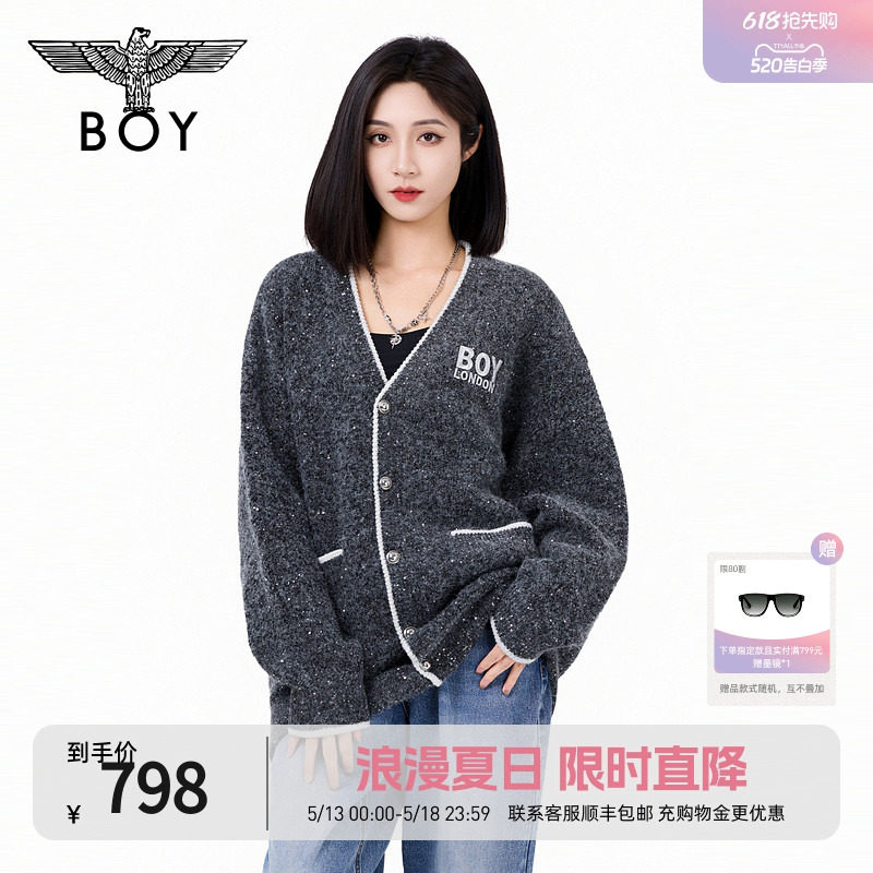 【繁星点点】BOYLONDON冬季潮牌V领时尚绣花开衫针织毛衣N