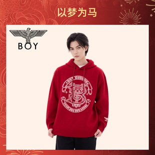 BOYLONDON冬季 潮牌情侣毛衣连帽套头休闲慵懒宽松红色上衣N60039