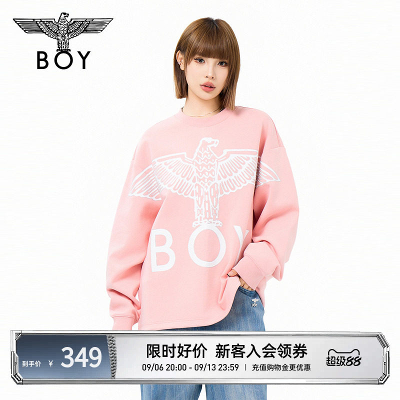 BOYLONDON男女同款圆领秋季潮牌休闲粉色印花针织套头卫衣N03901