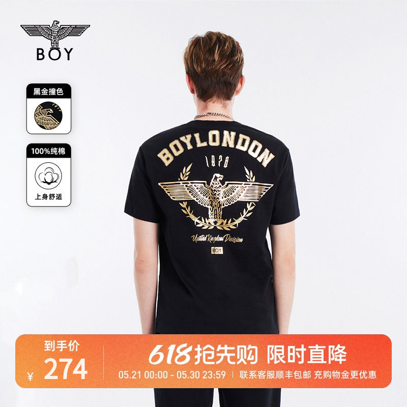 【荣耀使者】BOYLONDON短袖男女夏季烫金麦穗老鹰黑色T恤N