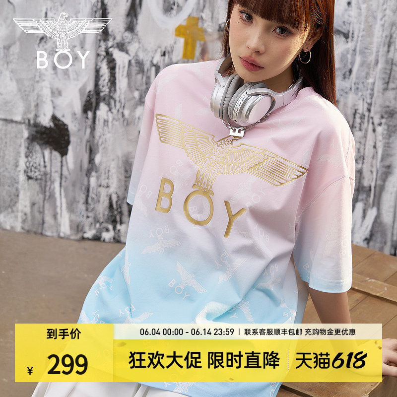 【西柚果茶】BOYLONDON蓝粉渐变潮牌短袖夏季男女同款T恤N01090
