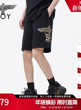 BOYLONDON黑色简约烫金印花宽松休闲夏季男女同款潮牌短裤N14004