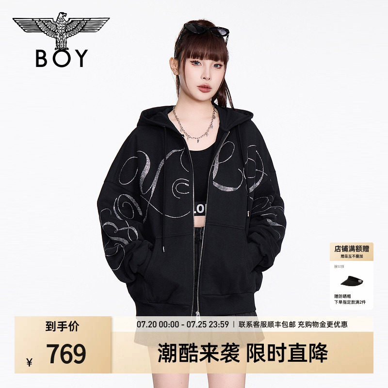 BOYLONDON秋季情侣款潮牌朋克风前卫烫钻连帽卫衣外套开衫N06021