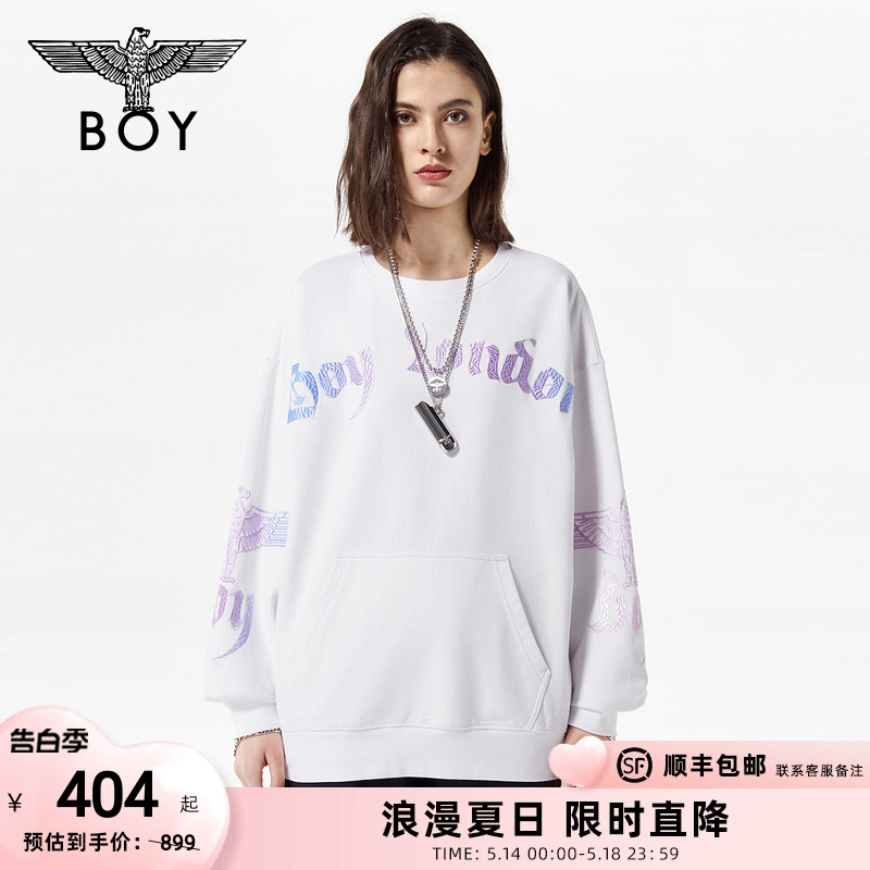 BOYLONDON潮牌套头衫春装男女同款白色简约风休闲圆领卫衣N03014