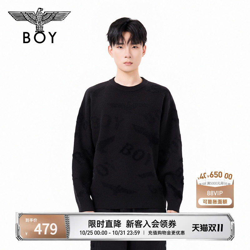 BOYLONDON秋季情侣毛衣简约百搭套头圆领潮流提花针织毛衫N60022