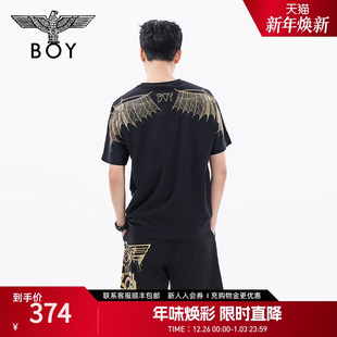 烫金翅膀黑色宽松休闲T恤N01908 男女同款 BOYLONDON夏季 潮牌短袖