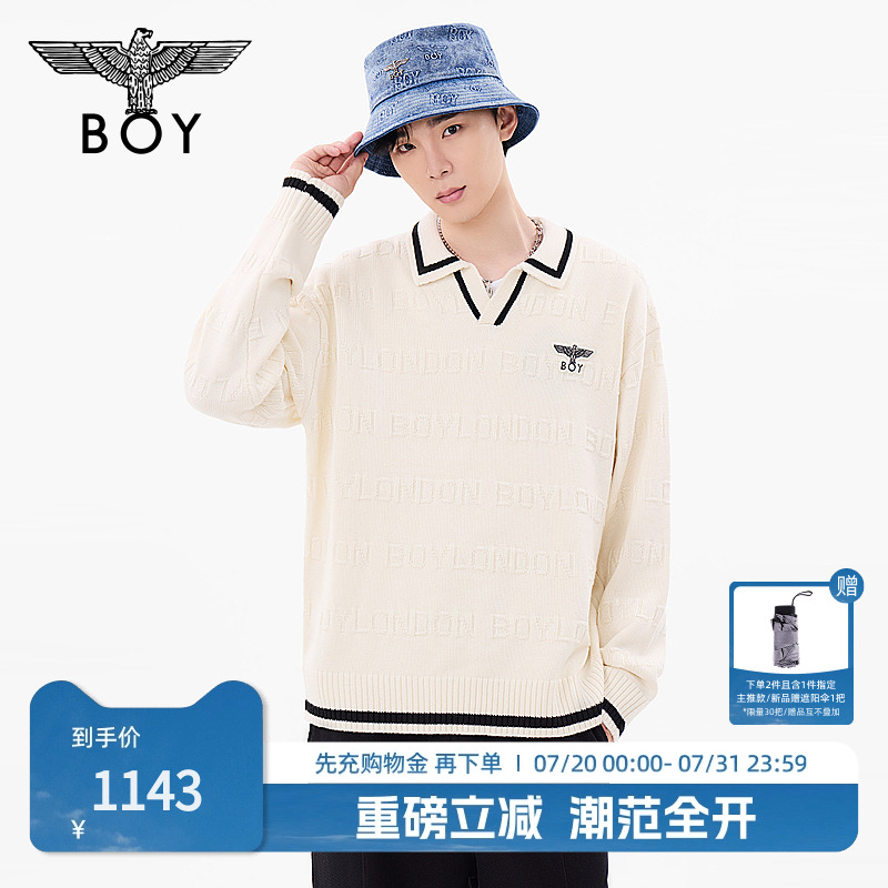 BOYLONDON秋男女同款毛衣凹凸字母满印学院风针织衫N60028