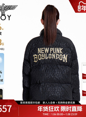 BOYLONDON黑色暗纹满印短款羽绒服保暖冬季男女款90绒外套N28005