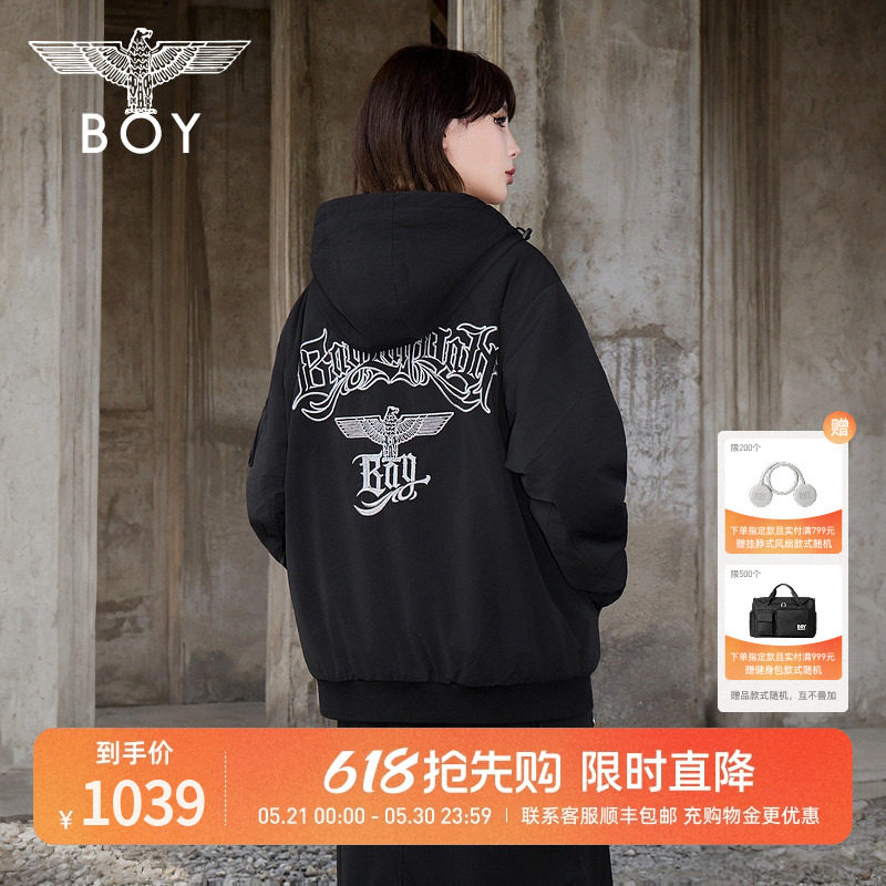BOYLONDON冬季情侣款外套logo刺绣哥特风休闲保暖连帽棉
