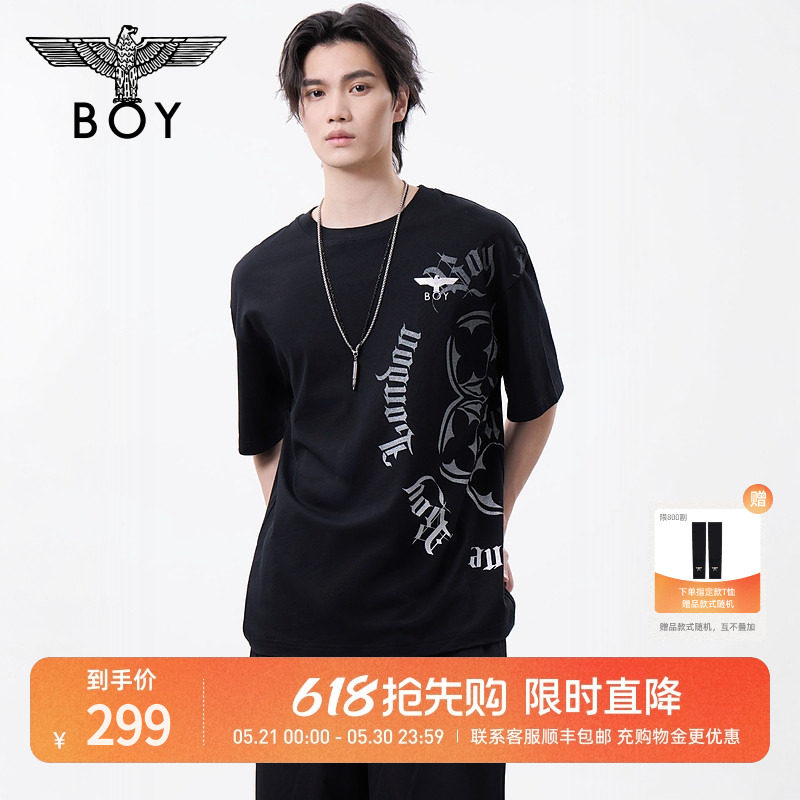 BOYLONDON黑色街头风个性印花潮牌休闲短袖夏季男女同款T恤