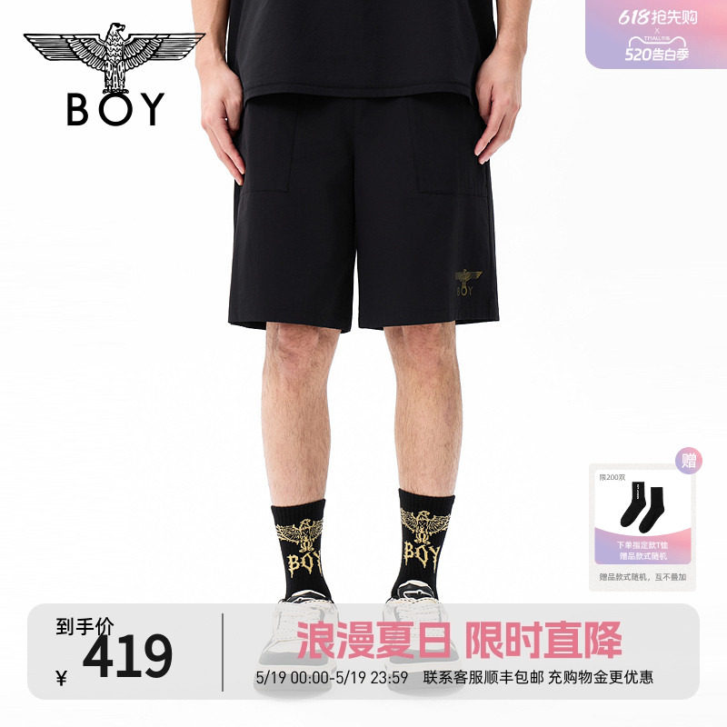 BOYLONDON26年夏季潮酷黑色梭织男女短裤弹力抽绳运动裤N