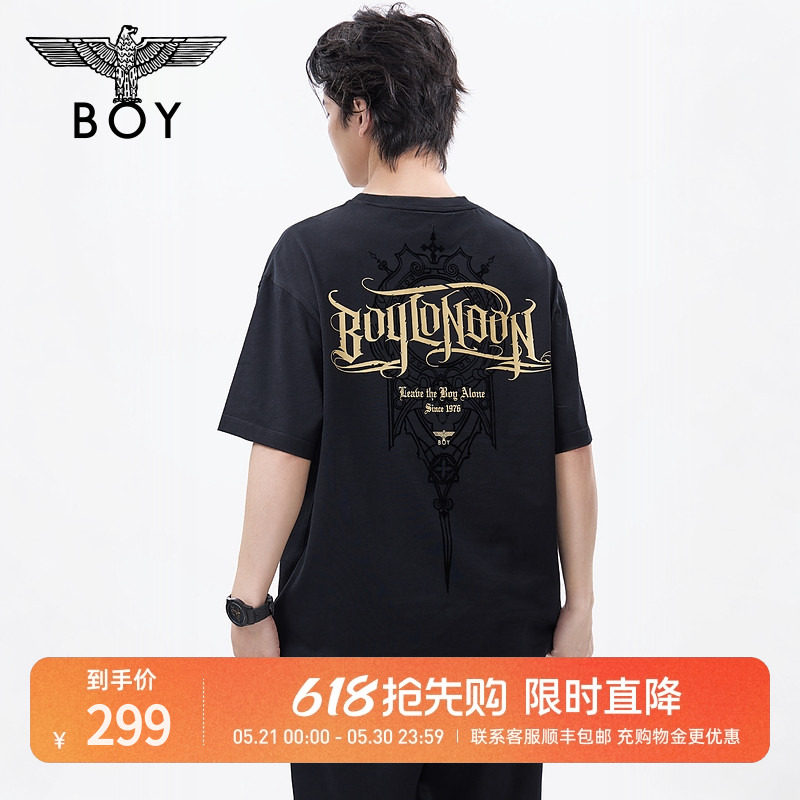 BOYLONDON烫金黑色时尚百搭潮牌休闲纯棉短袖夏季情侣款T恤