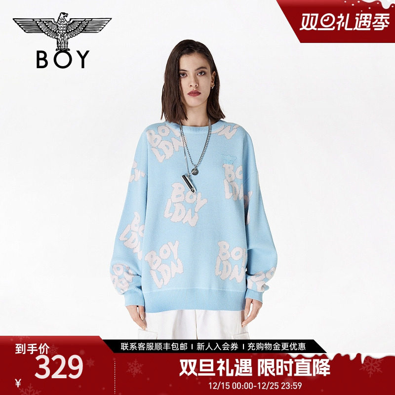 BOYLONDON秋季情侣款字母提花甜酷宽松休闲套头长袖毛衣N60002