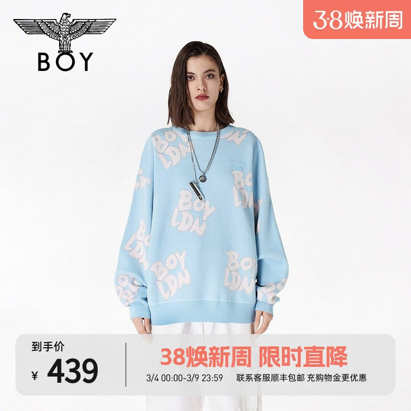 BOYLONDON春季情侣款字母提花甜酷宽松休闲套头长袖毛衣N60002