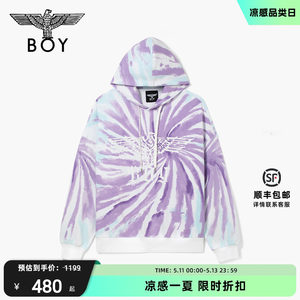 BOYLONDON卫衣情侣款连帽潮牌扎染老鹰印花宽松休闲套头衫NB3051