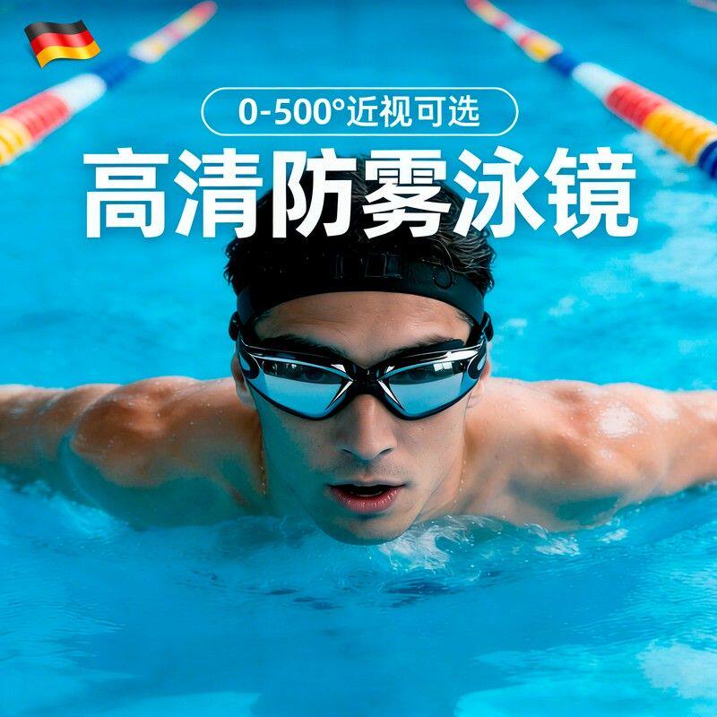 德国泳镜连体耳塞大框防水防雾高清专业男女游泳眼镜潜水舒适泳镜