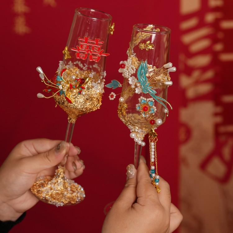 高级氛围感爆闪蝴蝶结婚敬酒杯DIY材料包自制订婚婚礼敬酒香槟杯