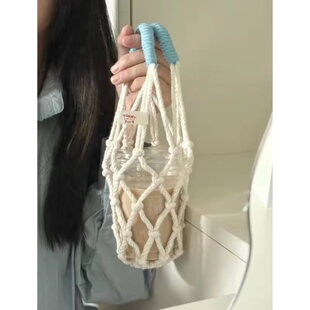 原创咖啡杯网兜杯套便携式水杯奶茶杯提兜通用手工编织防烫杯袋女