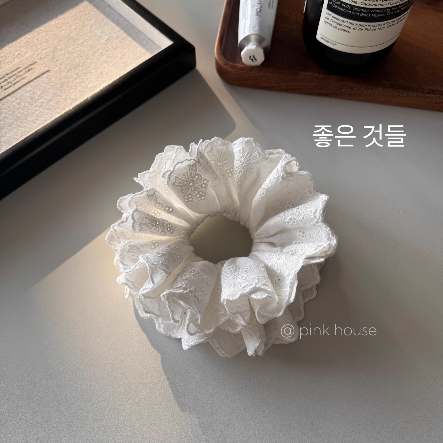 纯棉提花大肠发圈Pink house韩代同款纯棉四层刺绣花边韩国进口面