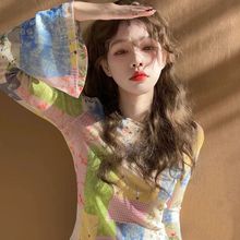 薄款长袖防晒通勤空调罩衫喇叭袖网纱夏季薄款长袖新款防晒印花设