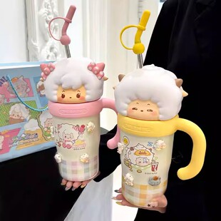 新款喜羊羊与灰太狼保温杯女生可爱高颜值大容量吸管杯情侣冰霸杯