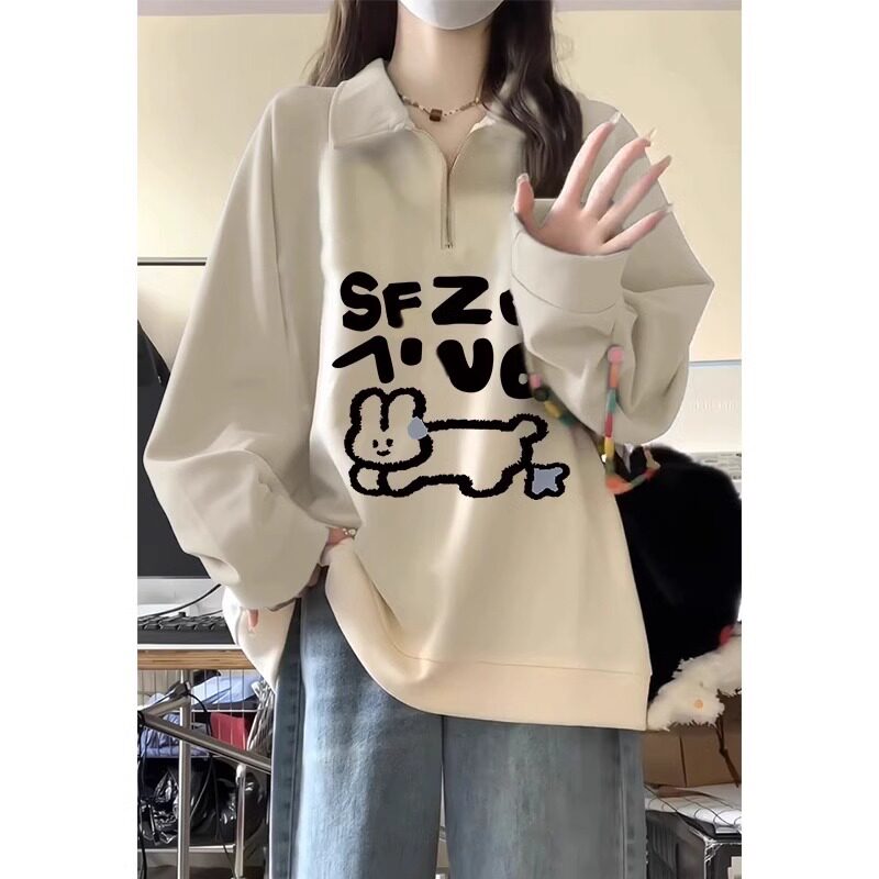 杏色领卡通加绒卫衣女春秋2024新款韩版外套长袖上衣秋天大码女装