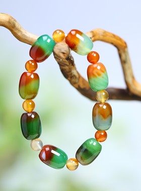 天然玛瑙多彩孔雀桶珠手链幸福女