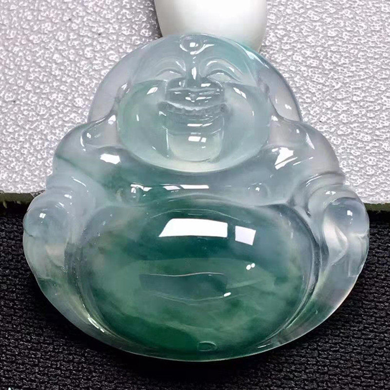 正品天然缅甸翡翠冰种飘蓝花弥勒佛公玉佛吊坠女款冰透笑佛玉坠款