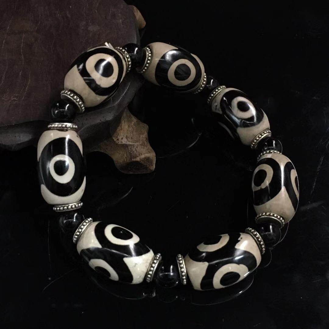 天然藏传老玛瑙黑白三眼天珠手串手链男女情侣百搭高级礼物饰品