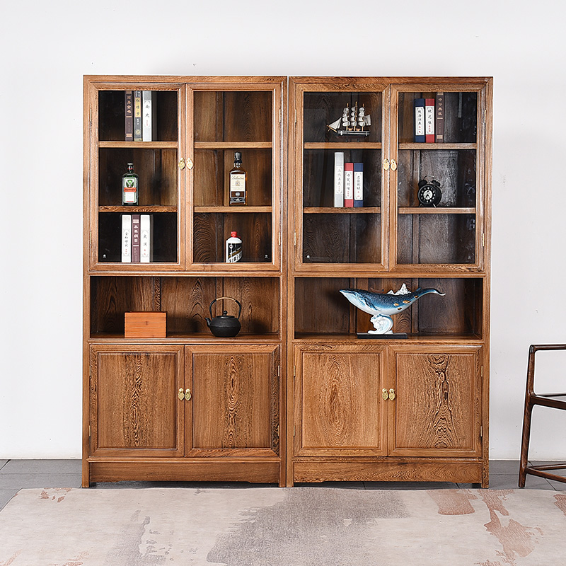 鸡翅木书柜防尘玻璃门带门中式实木书架红木展示柜 仿古书橱落地