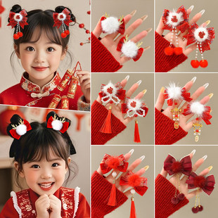 新年儿童发夹女童过年头饰古风汉服发卡蝴蝶结发饰中国风红色夹子