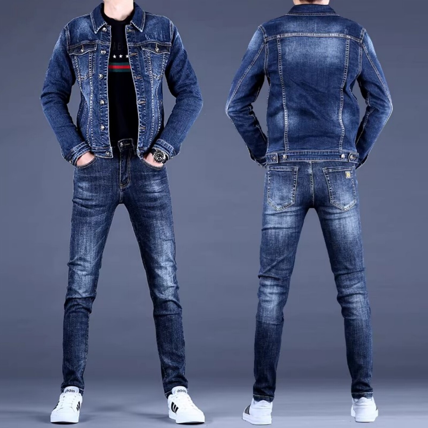 高端潮流男款修身弹力牛仔套装2026春秋新款长裤夹克外套上衣显瘦