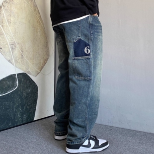 春秋美式休闲痞帅重磅刺绣复古工装牛仔裤男直筒宽松百搭阔腿裤子